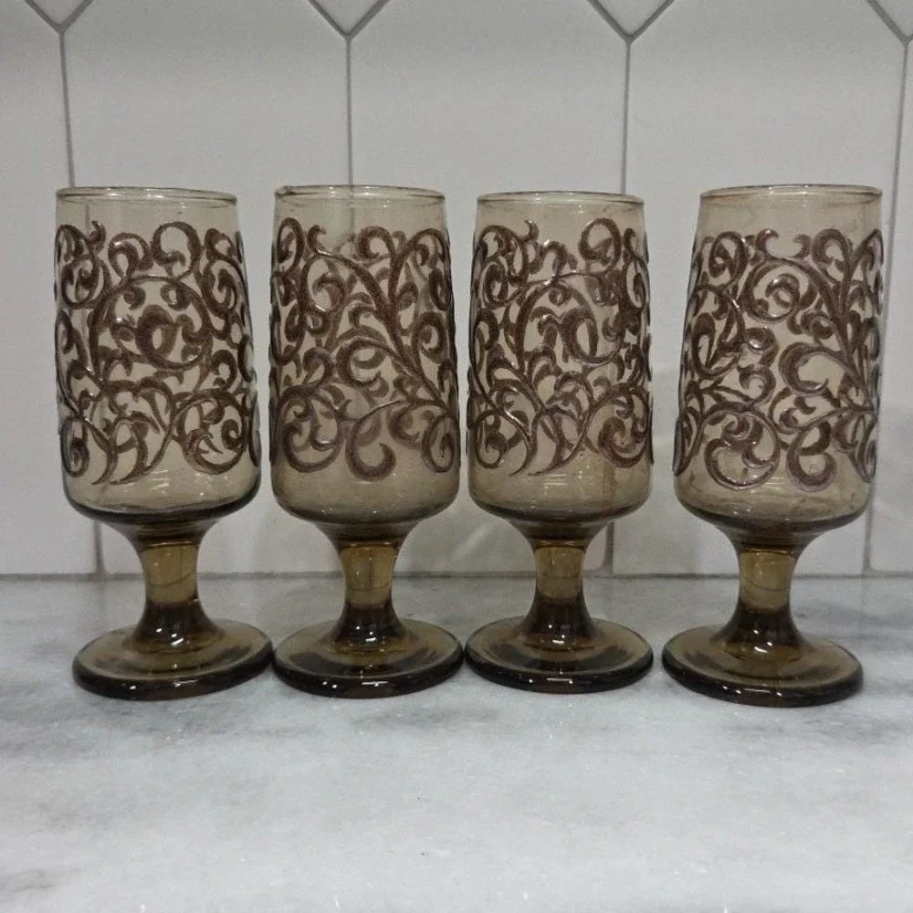 Libbey Prado Tawny Brown Juice Glasses, Set of 4, Vintage‎ Footed Stemware